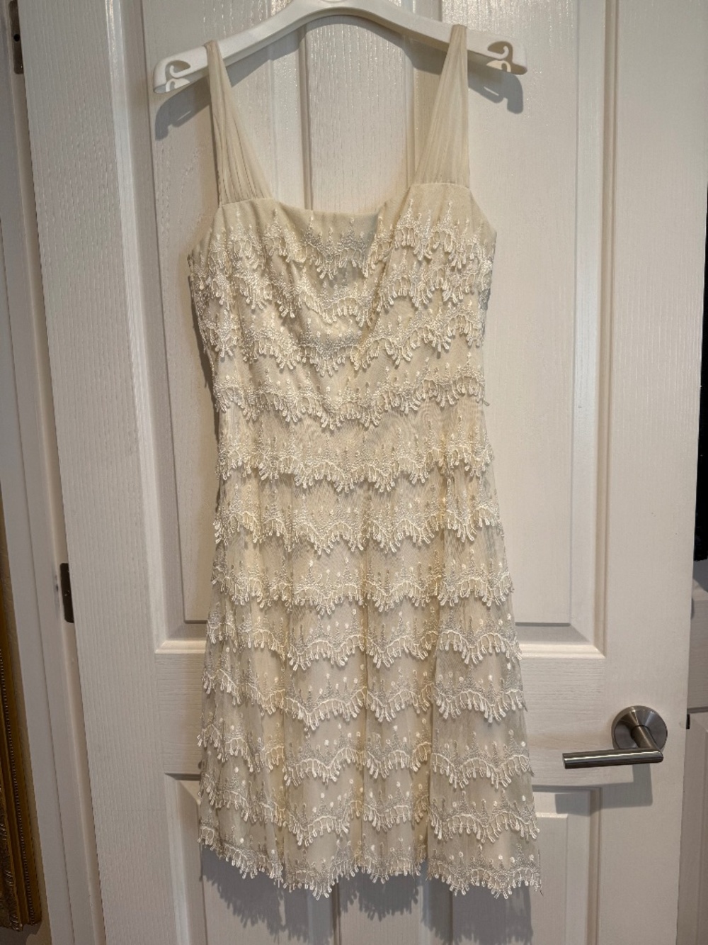 Carmen Marc Valvo Signature, cream color intricate laced flair cocktail dress.